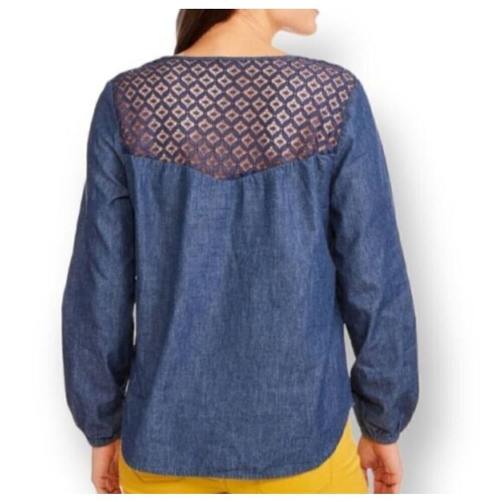 FADDED GLORY DENIM BLUE LACE UP PEASANT  TOP SZ.S EUC. - Picture 2 of 7
